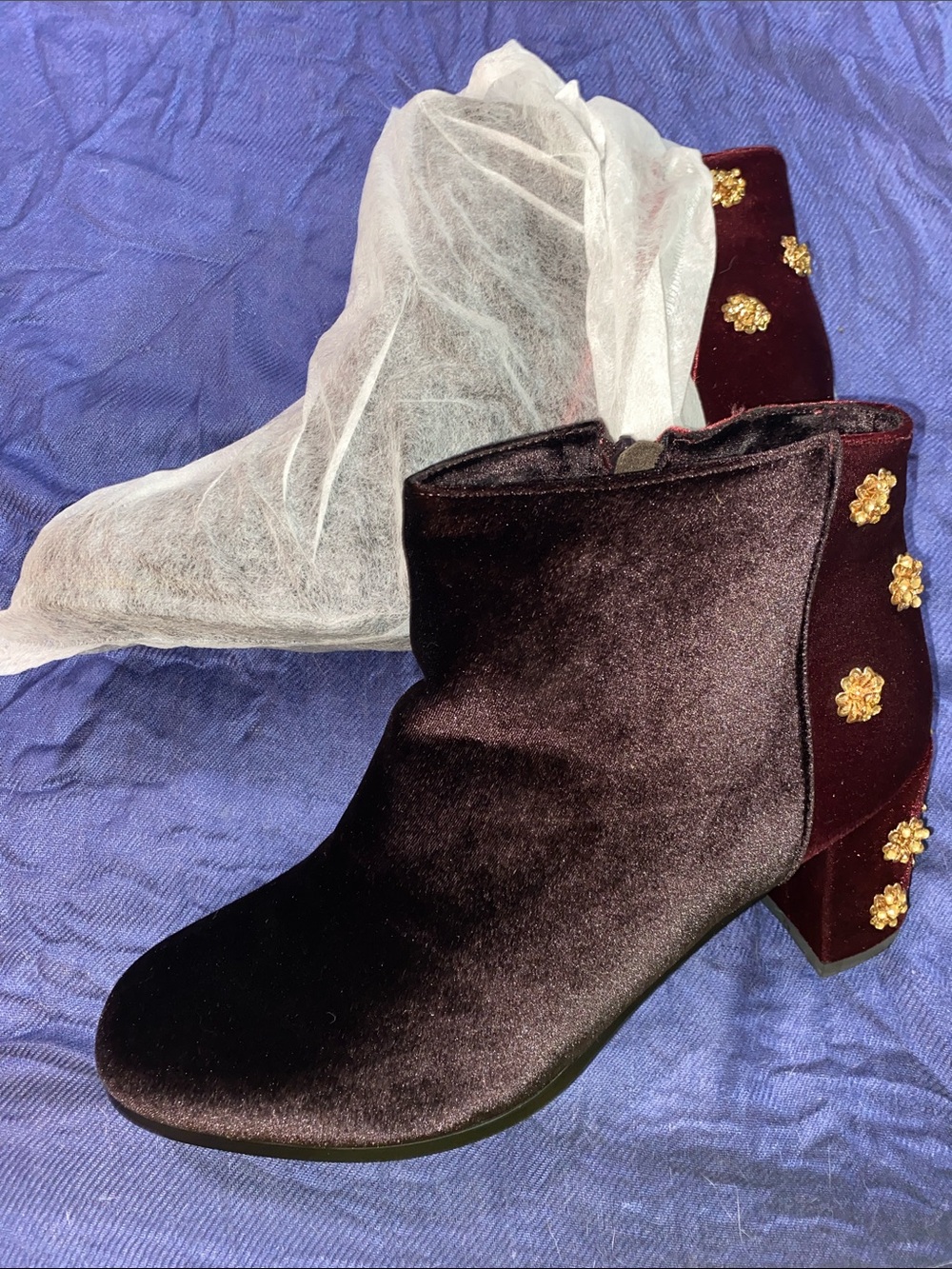 Velvet Burgundy Ankle Boots with Gold Embellished Heel